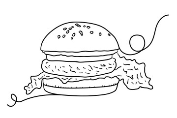 black and white hand drawn minimalist line art black and white hamburger with bun, green vegetables and meat