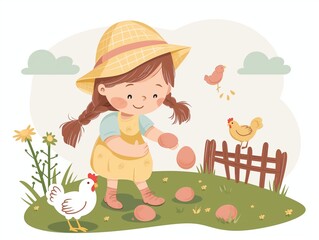 Fototapeta premium Child picking chicken eggs illustration. AI generated