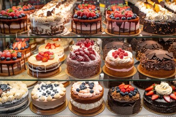 Cake shop with various cake flavors, or delicious cakes in cafe' and birthday cake concept.