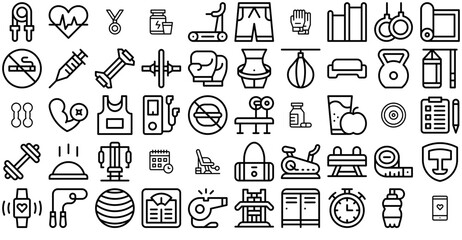 Set Of Fitness Icons Silhouette Vector Logo Design Containing Gym,Exercise,Wellness,Training,Fitness Outline Icons Collection. Simple Vector Illustration