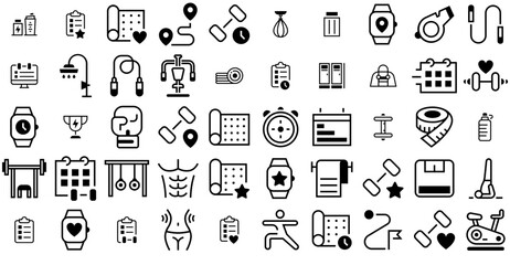 A Collection Of Fitness Vector Symbols Apps, Websites Ui Designs Suitable For Training,Workout,Gym,Fitness,Tasks Solid Icon Collection. Vector Illustration