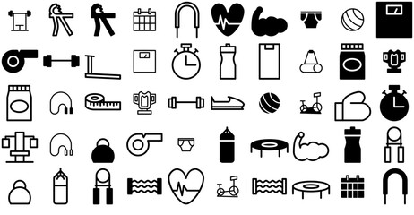 Set Of Linear Fitness Vector Symbols Apps, Websites Ui Designs Suitable For Fitness,Gym,Exercise,Workout,Sport Vector Icon Set Linear Pictogram Pack
