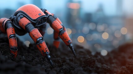 Naklejka premium Futuristic robotic spider exploring a gritty urban environment, showcasing advanced technology and innovation in design.