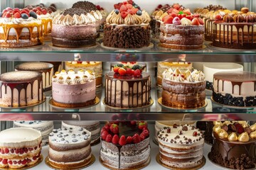 Cake shop with various cake flavors, or delicious cakes in cafe' and birthday cake concept.