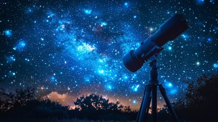 Telescope pointed at the night sky with stars.
