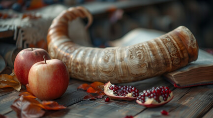 Fototapeta premium Fresh beets and pomegranates with a horn on the table, created with Generative AI technology.