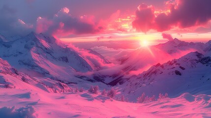A stunning sunset casts vibrant colors over a serene snowy mountain range.