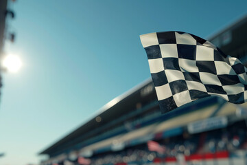 Checkered racing flag waving against clear blue sky