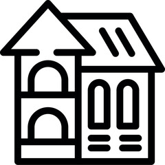 Simple black and white line icon representing a residential building with a sloped roof