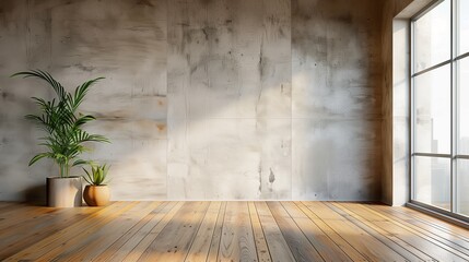 A large wall with wooden flooring and concrete walls in an empty room, without furniture or decor
