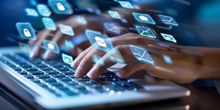 A close-up of a professional's hands on a keyboard with floating icons for online banking and financial transactions
