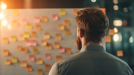 Collaborative Brainstorming: Team using Sticky Notes for Idea Sharing in Modern Office