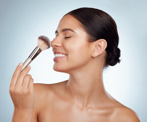 Makeup artist, nose or happy woman with smile or brush foundation routine product or tools for...