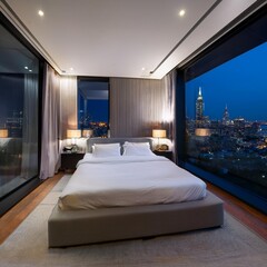 A modern, minimalist bedroom with a luxurious platform bed covered in high-thread-count white sheets and a thick, down-filled duvet.