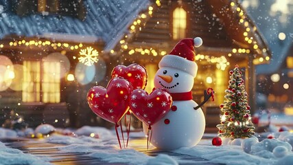 happy snowmen in a beautiful Christmas celebration in front of the house decorated with green leaves and balloons during snowfall. - Powered by Adobe