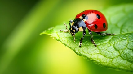 Fototapeta premium macro shot of ladybug sitting on green leaf