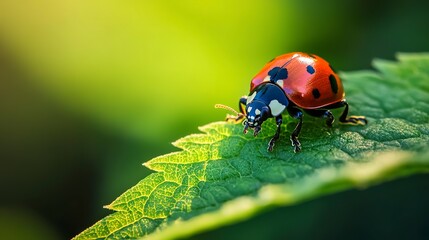 Fototapeta premium macro shot of ladybug sitting on green leaf 