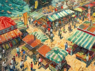 34 Festival scene with stalls selling soft shell crab sandwiches bird's-eye view