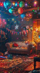 Naklejka premium Colorful balloons and decorations fill a cozy living room, creating a festive atmosphere for a fun celebration