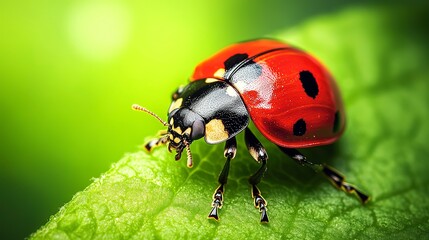 Fototapeta premium closeup view of ladybug on green background