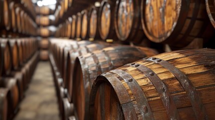 Whiskey, bourbon, scotch barrels in a row, a large warehouse facility.