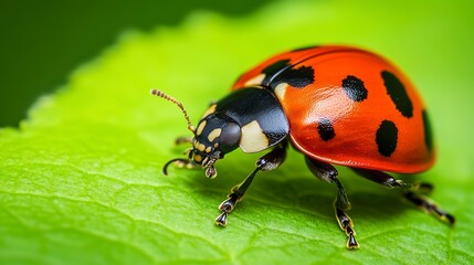 Fototapeta premium closeup view of ladybug on green background