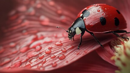 Fototapeta premium Stunning macro image of a ladybug exploring a flower petal. The close-up captures the ladybug's glossy red shell and distinctive black spots, as well as the fine details of the flower petal.