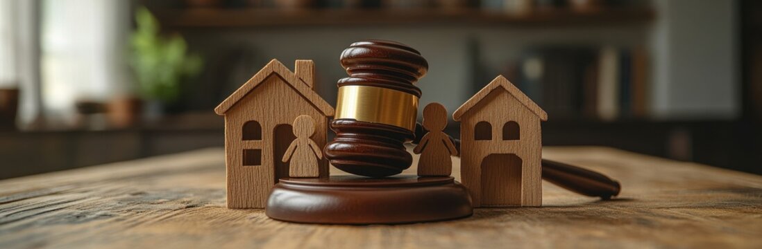 Wooden Gavel with House Models and Family Figures - Legal Concept of Family Law, Divorce, and Property Rights