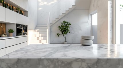White kitchen with marble countertop and stairs in the background
