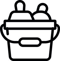Line drawing of a bucket containing two spray bottles, perfect for representing cleaning services