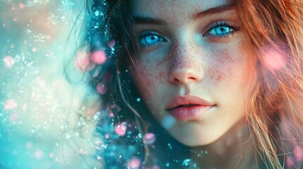 Closeup Portrait of Young Woman with Blue Eyes and Freckles