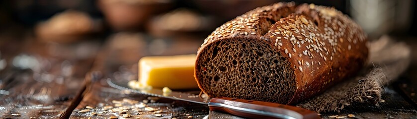 Rustic Rye Bread Loaf with Seeds on Wooden Table with Knife and Butter Baked Pastries Concept