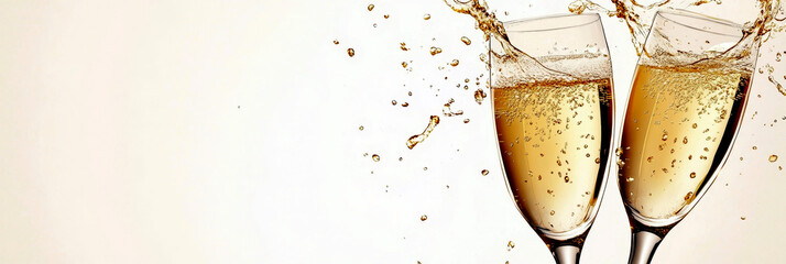 Two glasses of sparkling wine clinking with splashes, white festive background. Global Champagne Day. Horizontal banner. Copy space. Holiday poster, card, invitation, wedding, birthday, party New Year