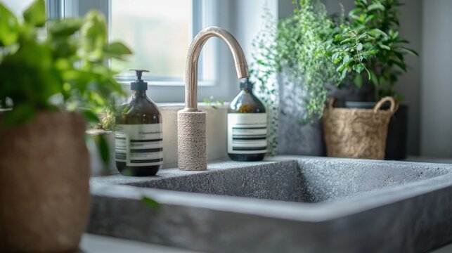 Interior view of a modern kitchen featuring crossfire recycled concrete sink with plants and stylish faucet