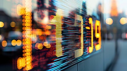 Dynamic Stock Ticker Display on Glass Wall with Blurred Night Cityscape Background - Financial Market Speed and Intensity Concept
