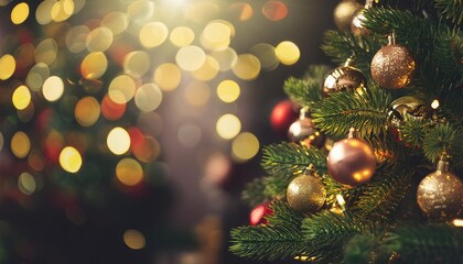 Christmas Tree With Baubles And Blurred Shiny Lights 