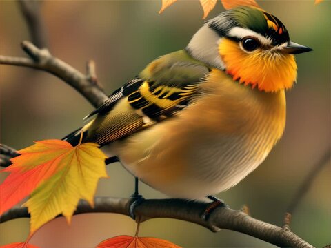 a Golden-crowned Kinglet fluttering near a cluster of autumn leaves, its tiny body surrounded by the warm hues of fall