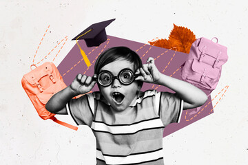 Composite collage image of funny boy geek amazed education studying school day shopping freak...