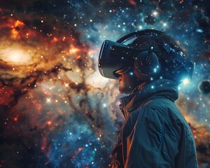 A person exploring a detailed outer space simulation with VR headset stars and galaxies in the background