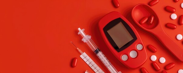 Close-up of a red glucose monitor, lancets, and test strips in a minimalist setting, diabetes tools, contemporary design