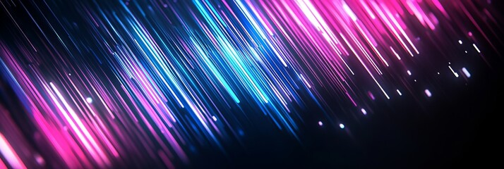 3D render, abstract futuristic background with neon light lines and digital data flow. Digital technology concept. Glowing blue, pink, and purple vertical stripes on a black background