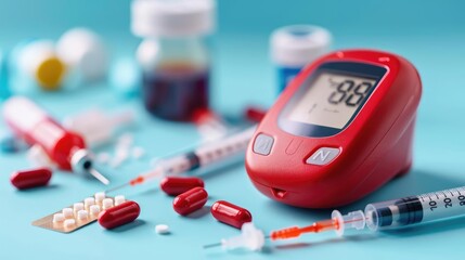 Detailed shot of a red glucose monitor with scattered lancets and test strips, modern diabetes care, healthcare equipment
