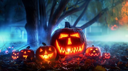 Naklejka premium Eerie Halloween Scene with Glowing Jack-o'-Lanterns in Misty Forest at Dusk, Surrounded by Autumn Leaves and Foggy Atmosphere, Capturing Spooky and Mysterious Vibes