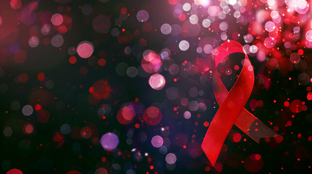 Red ribbon on a purple background. Bokeh effect. World AIDS Day. Horizontal background. Free space for text. HIV Testing Day. Healthcare and medicine concept Acquired immunodeficiency syndrome problem - Powered by Adobe