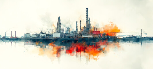 Obraz premium Harmonious Fusion - Watercolor Painting of AI-Driven Factory Blending Technology and Artistic Expression