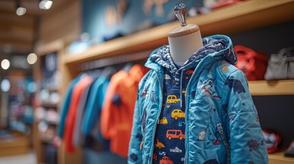 Obraz premium Blue Children's Jacket with Car Pattern on a Mannequin in a Shop.