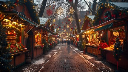 Fototapeta premium A bustling Christmas market in Berlin, Germany, adorned with festive lights.