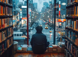 Fototapeta premium A man sits on a bookshelf, gazing out the window at a bustling cityscape.