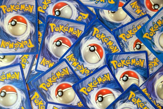 Stockholm, Sweden - August 13, 2024: Pokemon trading cards background