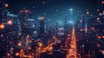 Fototapeta premium Nighttime view of a technologically advanced city with sleek, illuminated skyscrapers. Premium background for the latest technology needs.